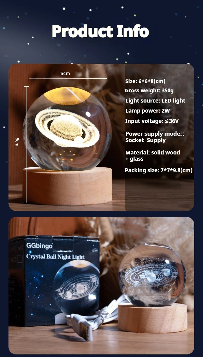 3D Crystal Ball Lamp with Galaxy and Planetary Projections USB Night Light for Cozy Atmosphere Plasma Ball Creative Gift